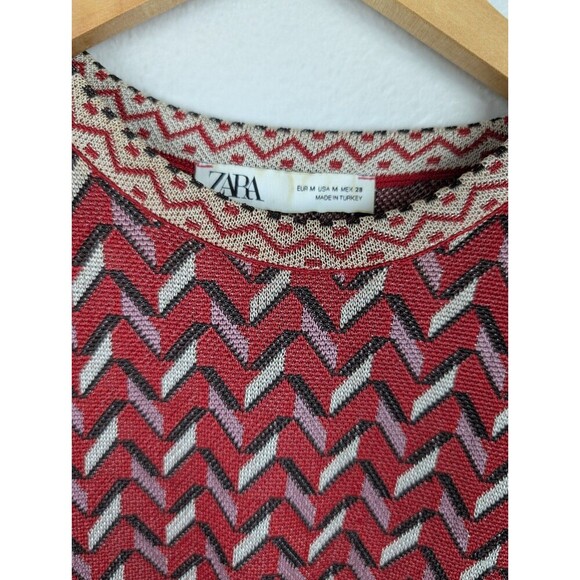 RARE Vintage Zara Metallic Thread Knit Dress Size M Red Chevron 200 - Picture 3 of 6